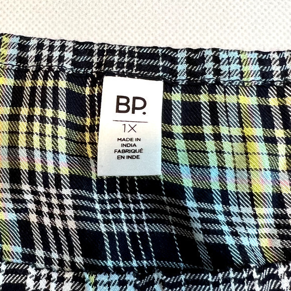 BP Womens Smock Crop Top Green‎ Size 1X Plaid Square Neck Puff Sleeve - Picture 2 of 10
